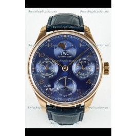 IWC Super Clone Portuguese Perpetual Calendar Rose Gold Blue Dial Replica Watch 