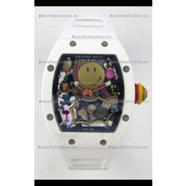 Richard Mille Super Clone RM088 Smiley Tourbillon White Ceramic Rubber Strap Watch 