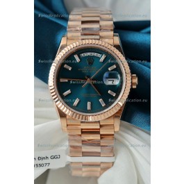 Rolex Day Date Super Clone Rose Gold Blue Dial Crystal Numerals Watch 36MM - 1:1 Mirror Quality