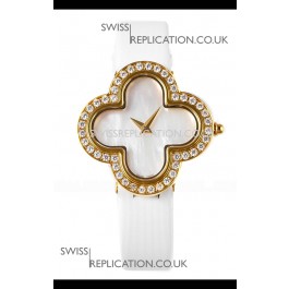 Van Cleef & Arpels Alhambra Yellow Gold Diamonds Bezel Pearl Dial Watch 