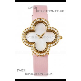 Van Cleef & Arpels Alhambra Yellow Gold Diamonds Bezel Pink Strap Watch 