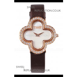Van Cleef & Arpels Alhambra Rose Gold Diamonds Bezel Black Strap Watch 