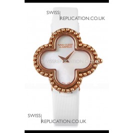 Van Cleef & Arpels Alhambra Rose Gold White Strap Watch 