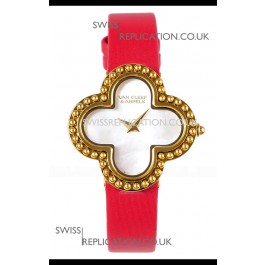 Van Cleef & Arpels Alhambra Yellow Gold Red Strap Watch 