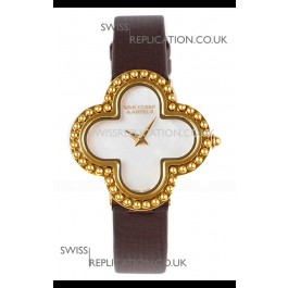 Van Cleef & Arpels Alhambra Yellow Gold Brown Strap Watch 