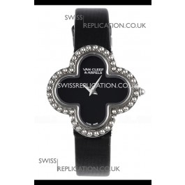 Van Cleef & Arpels Alhambra Stainless Steel Black Strap Watch 