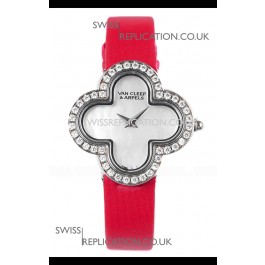 Van Cleef & Arpels Alhambra Stainless Steel Diamonds Bezel Red Strap Watch 