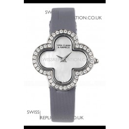 Van Cleef & Arpels Alhambra Stainless Steel Diamonds Bezel Grey Strap Watch 
