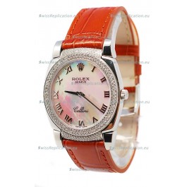 Rolex Cellini Cestello Ladies Swiss Watch White Pearl Roman Face Diamonds Bezel and Lugs