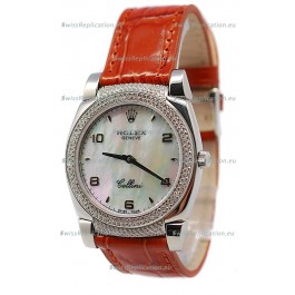 Rolex Cellini Cestello Ladies Swiss Watch Beige Pearl Face Diamonds Bezel and Lugs