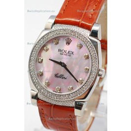 Rolex Cellini Cestello Ladies Swiss Watch in Pink Pearl Face Diamonds Hour, Bezel and Lugs
