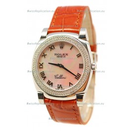 Rolex Cellini Cestello Ladies Swiss Watch Beige Pearl Roman Face Diamonds Bezel
