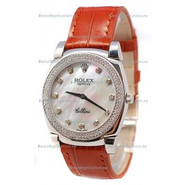 Rolex Cellini Cestello Ladies Swiss Watch in White Pearl Face Diamonds Bezel and Hours Markers