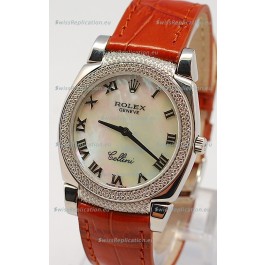 Rolex Cellini Cestello Ladies Swiss Watch in White Pearl Face Diamonds Bezel and Lugs