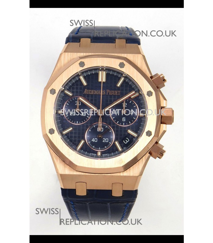 Royal Oak Chrono 26240 Rose Gold Blue Dial Leather Strap Super Clone Watch 