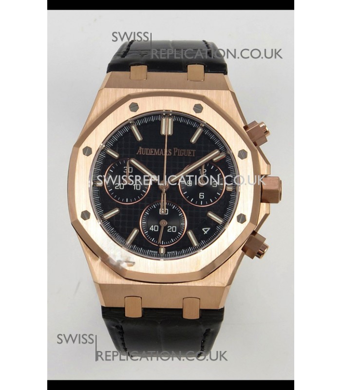 Royal Oak Chrono 26240 Rose Gold Black Dial Leather Strap Super Clone Watch 