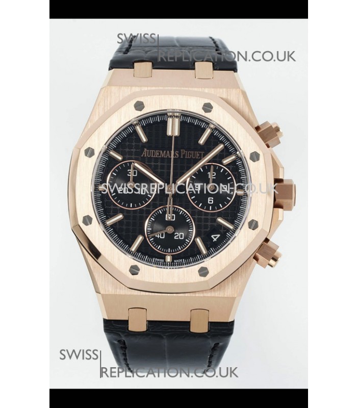 Royal Oak Chrono 26240 Rose Gold Black Dial Leather Strap Super Clone Watch 