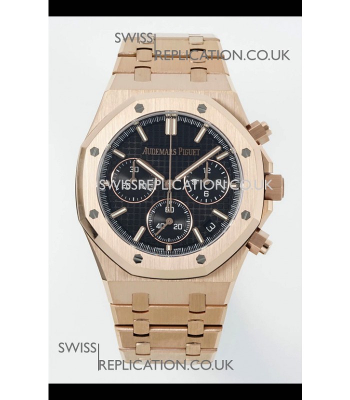 Royal Oak Chrono 26240 Rose Gold Strap in Black Dial Super Clone Watch 