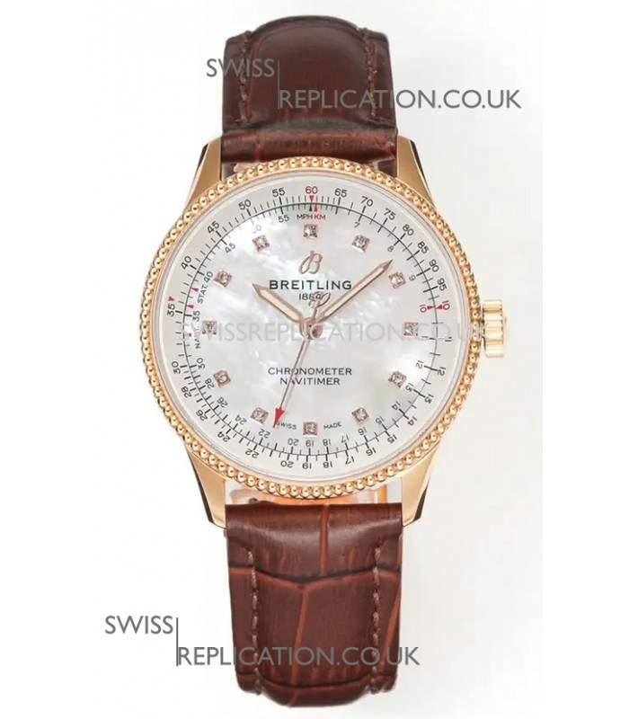 Navitimer Automatic 36 Rose Gold Pearl Dial Super Clone Watch 