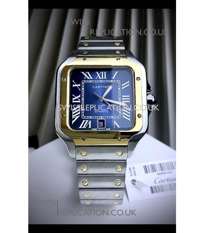 Cartier Santos De Cartier 904L Steel Blue Dial Two Tone Swiss Replica Watch 