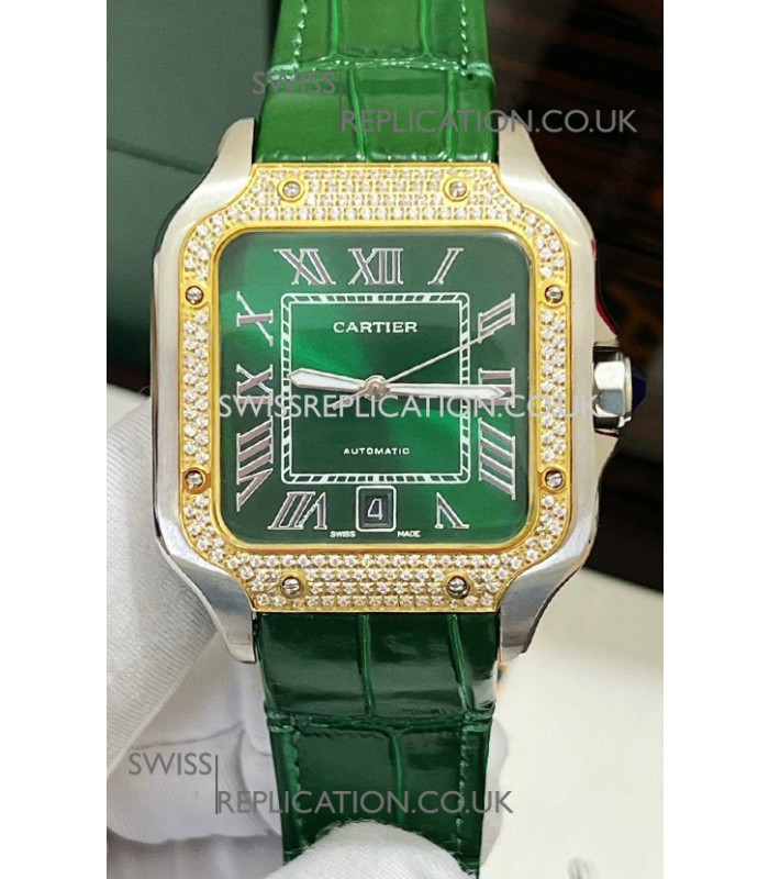 Cartier Santos De Cartier Green Dial Diamonds Two Tone Swiss Replica Watch 