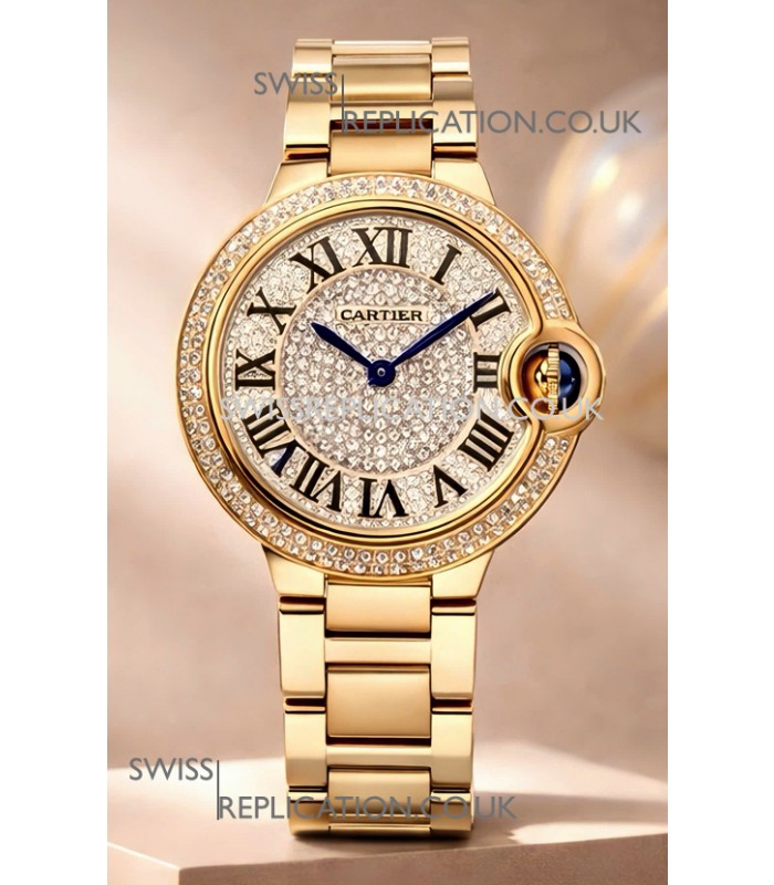 Ballon De Cartier Swiss Quartz 33MM Rose Gold Diamonds Super Clone Watch 