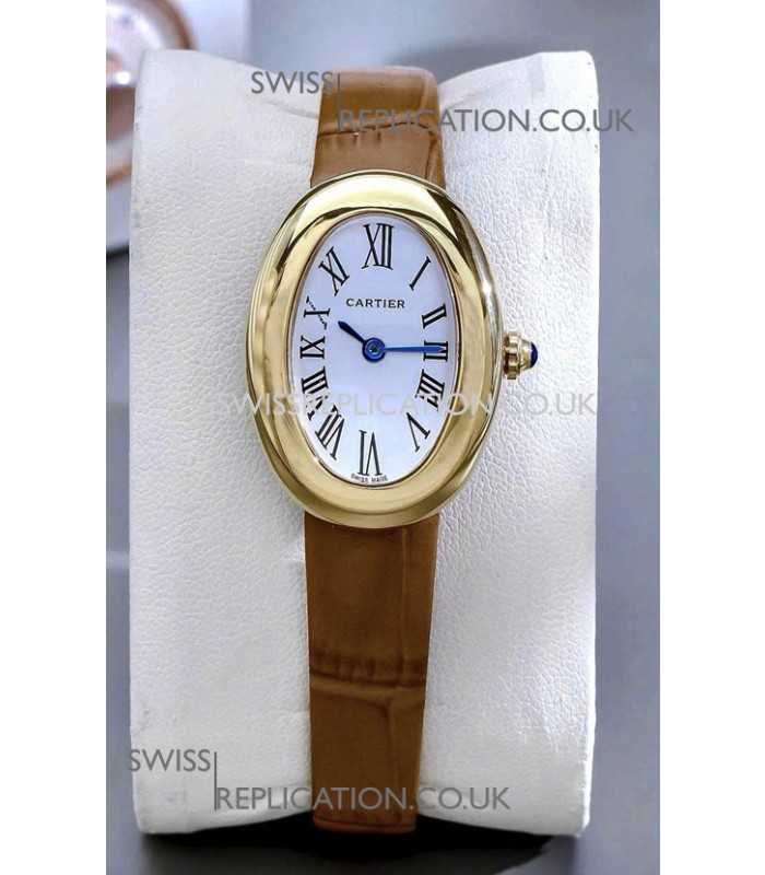 Cartier Baignoire Yellow Gold 23MM Super Clone Watch Brown Strap