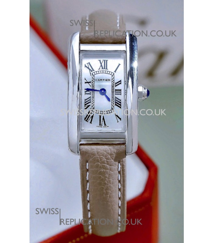 Cartier Tank Americaine Steel 19.4MM Beige Strap Swiss Quartz Watch 
