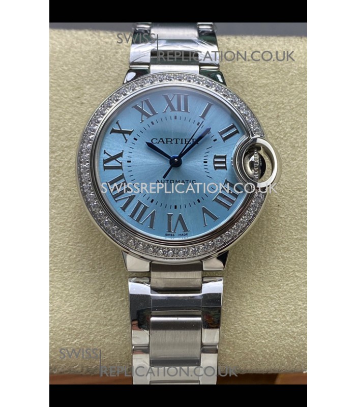 Ballon De Cartier Automatic Ice Blue Diamonds 36MM Dial Super Clone Watch 