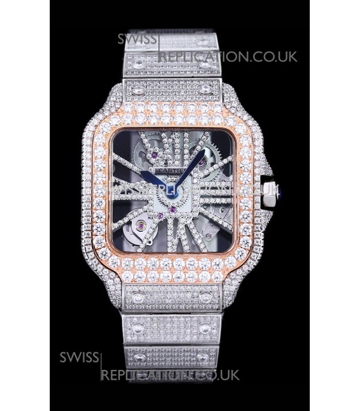 Cartier "Santos De Cartier" Skeleton moissanite Paved Super Clone Watch 