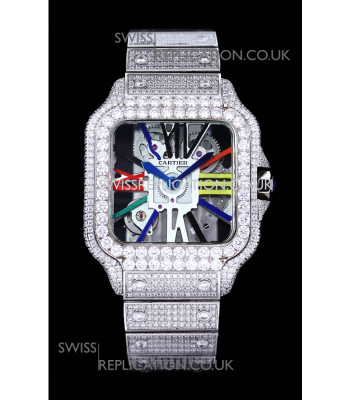 Cartier "Santos De Cartier" Skeleton moissanite Paved Super Clone Watch 