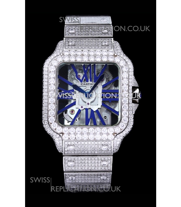 Cartier "Santos De Cartier" Skeleton moissanite Paved Super Clone Watch 