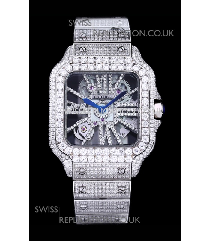 Cartier "Santos De Cartier" Skeleton moissanite Paved Super Clone Watch 