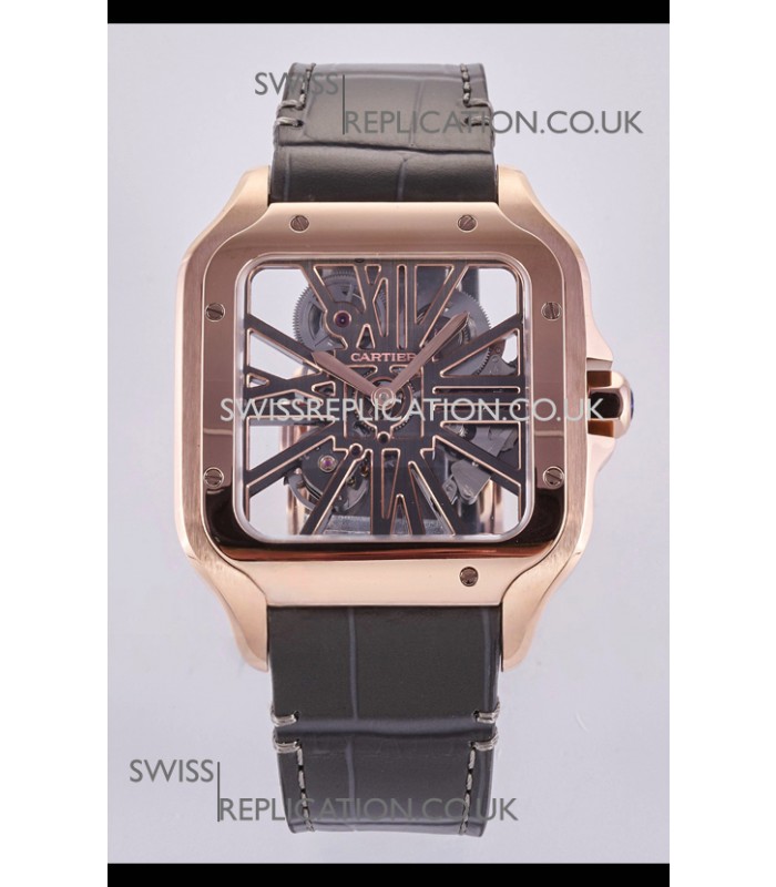Santos De Cartier Super Clone Watch in Skeleton Dial Rose Gold Case