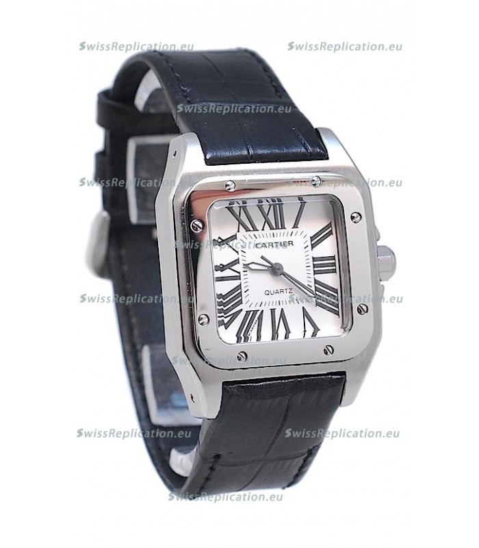 Cartier Santos 100 Japanese Ladies Replica Watch in Black Leather Strap