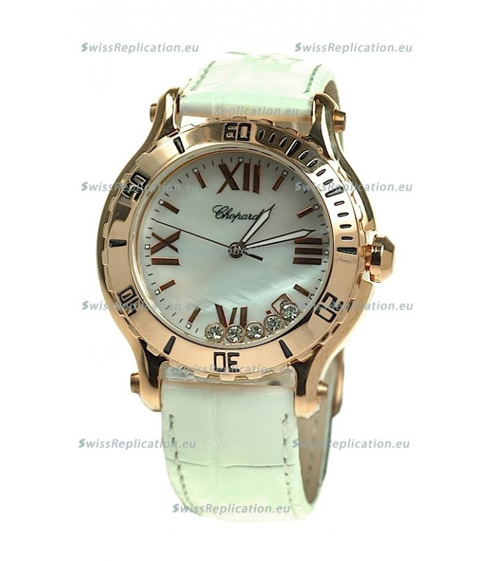 Chopard Happy Sport Diamonds Edition Replica Gold Watch in White Strap