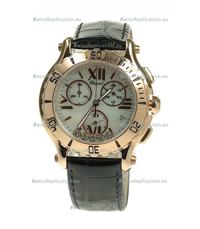Chopard Happy Sport Diamonds Edition Replica Gold Watch in Black Strap