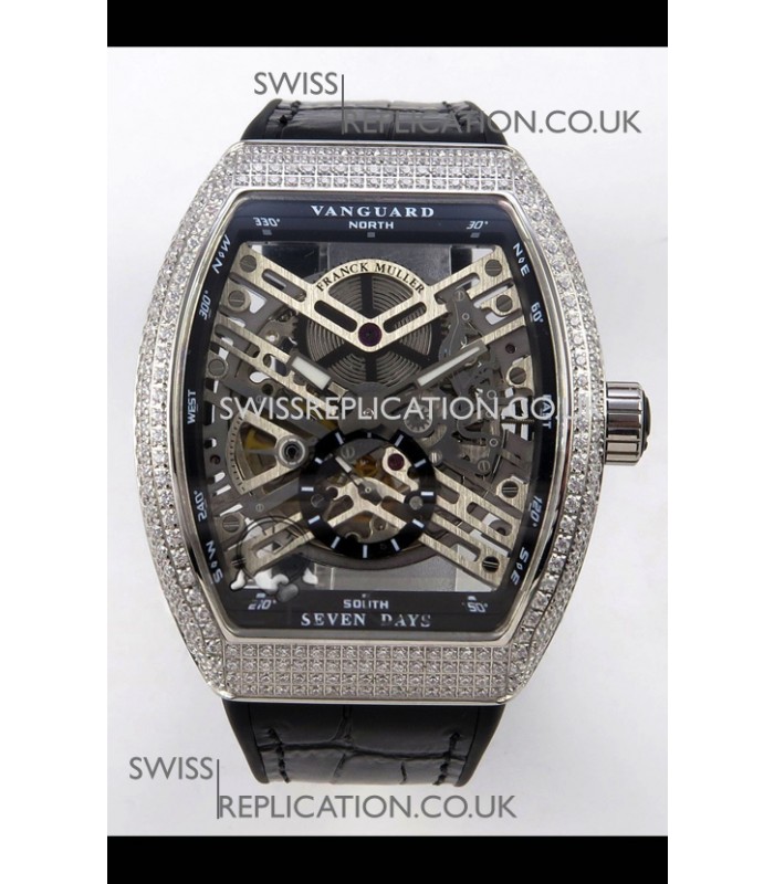 Franck Muller V45 Tourbillon Skeleton Steel Diamonds Super Clone Watch 