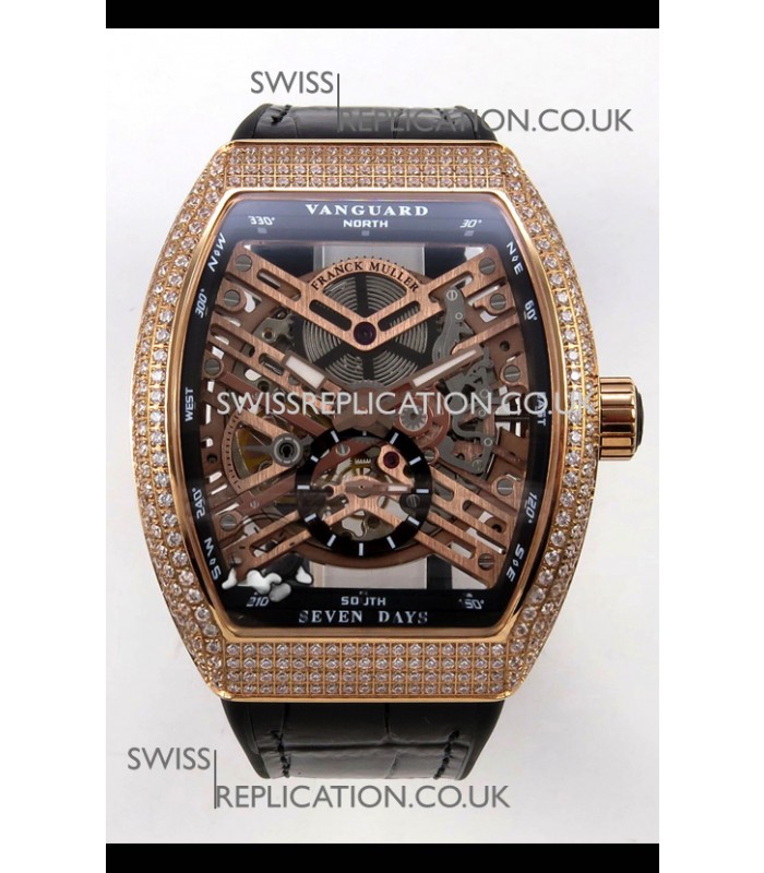 Franck Muller V45 Tourbillon Skeleton Rose Gold Diamonds Super Clone Watch 