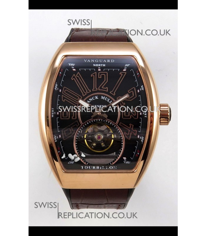 Franck Muller V45 Tourbillon Rose Gold Black Dial Black Leather Super Clone Watch 