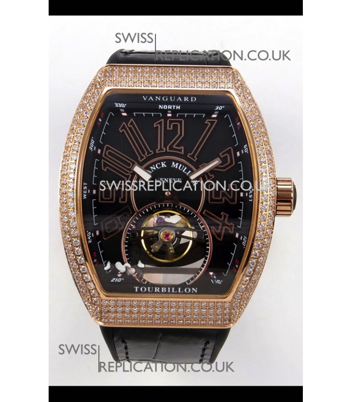 Franck Muller V45 Tourbillon Rose Gold Diamonds Black Strap Super Clone Watch 
