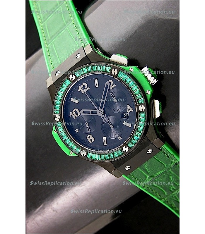 Hublot Big Bang All Black Edition in Green Strap and Baguette Diamonds Bezel