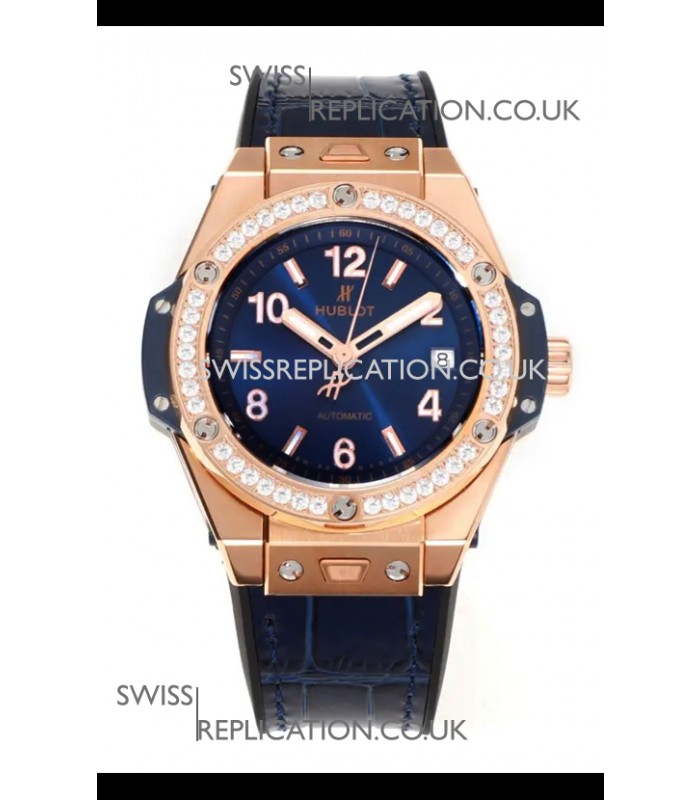 Hublot Big Bang One Click moissanite Bezel Rose Gold Super Clone Watch Blue Dial