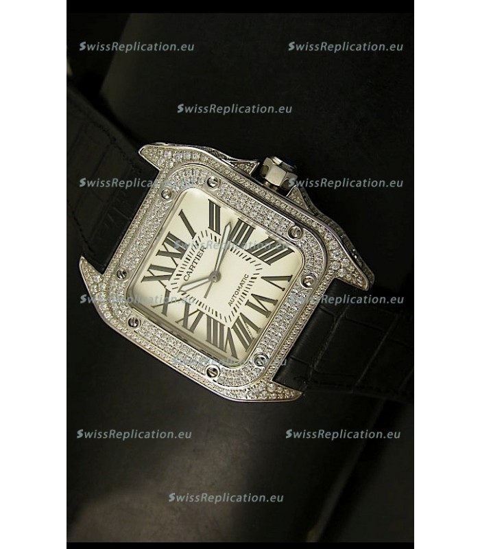 Cartier Santos 100 1:1 Mirror Replica Steel Diamonds Watch Mens Size 42MM