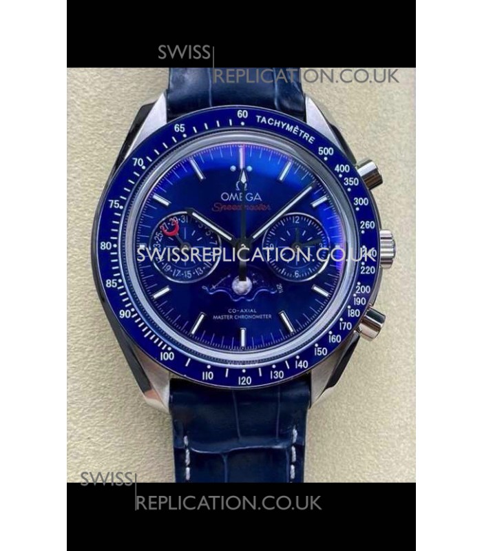 Omega Speedmaster Moonphase Blue Dial Leather Strap Super Clone Watch 