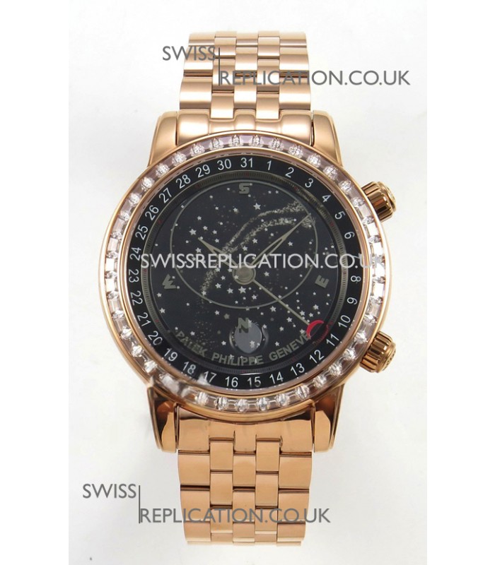 Patek Philippe Grand Complications 6102 Black Dial Rose Gold Strap Super Clone Watch 
