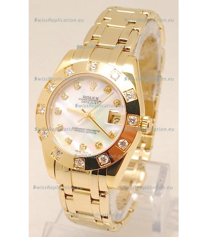 Rolex Datejust Pearlmaster Japanese Replica Gold Watch in White Pearl Dial -34MM