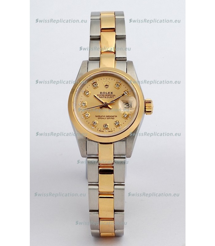 Rolex DateJust - Two Tone Ladies Swiss Replica Watch in Gold Dial