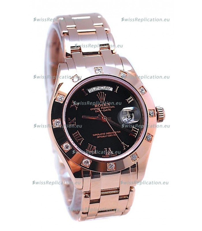 Rolex Day Date Rose Gold Japanese Replica Watch in Diamond Bezel