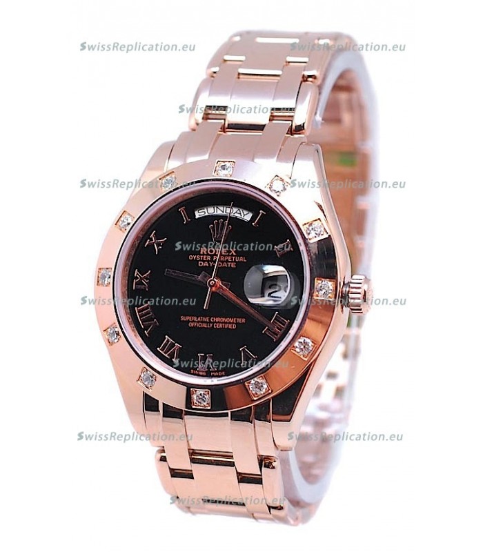 Rolex Day Date Rose Gold Japanese Replica Watch in Black Dial
